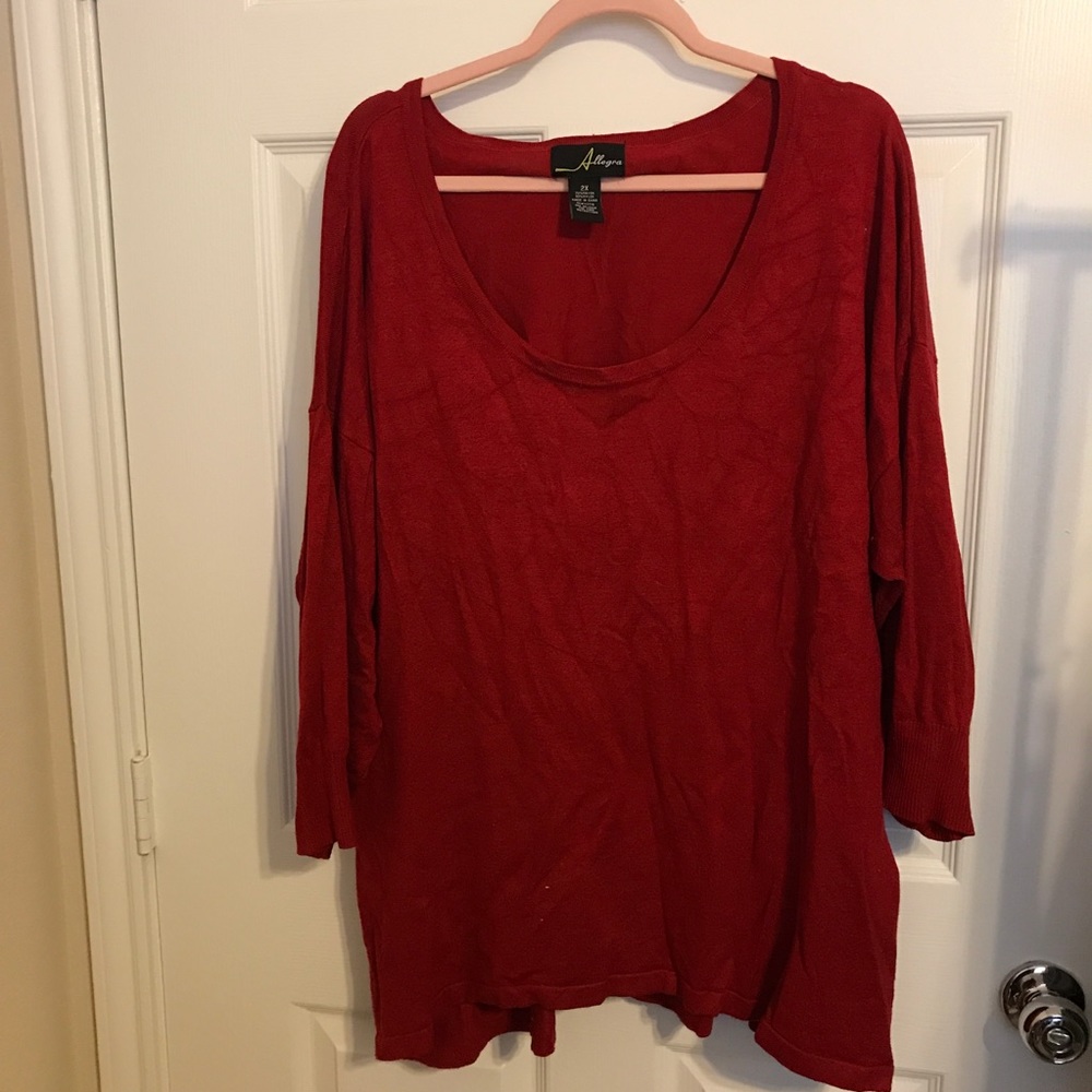 Allegra Sweater Deep Red Lightweight Scoop Neck Knit Sz 2X GUC 3/4 Sleeves